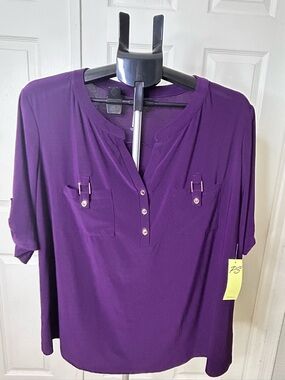 Perseption Violet Short-Sleeve Henley with Chest Pockets